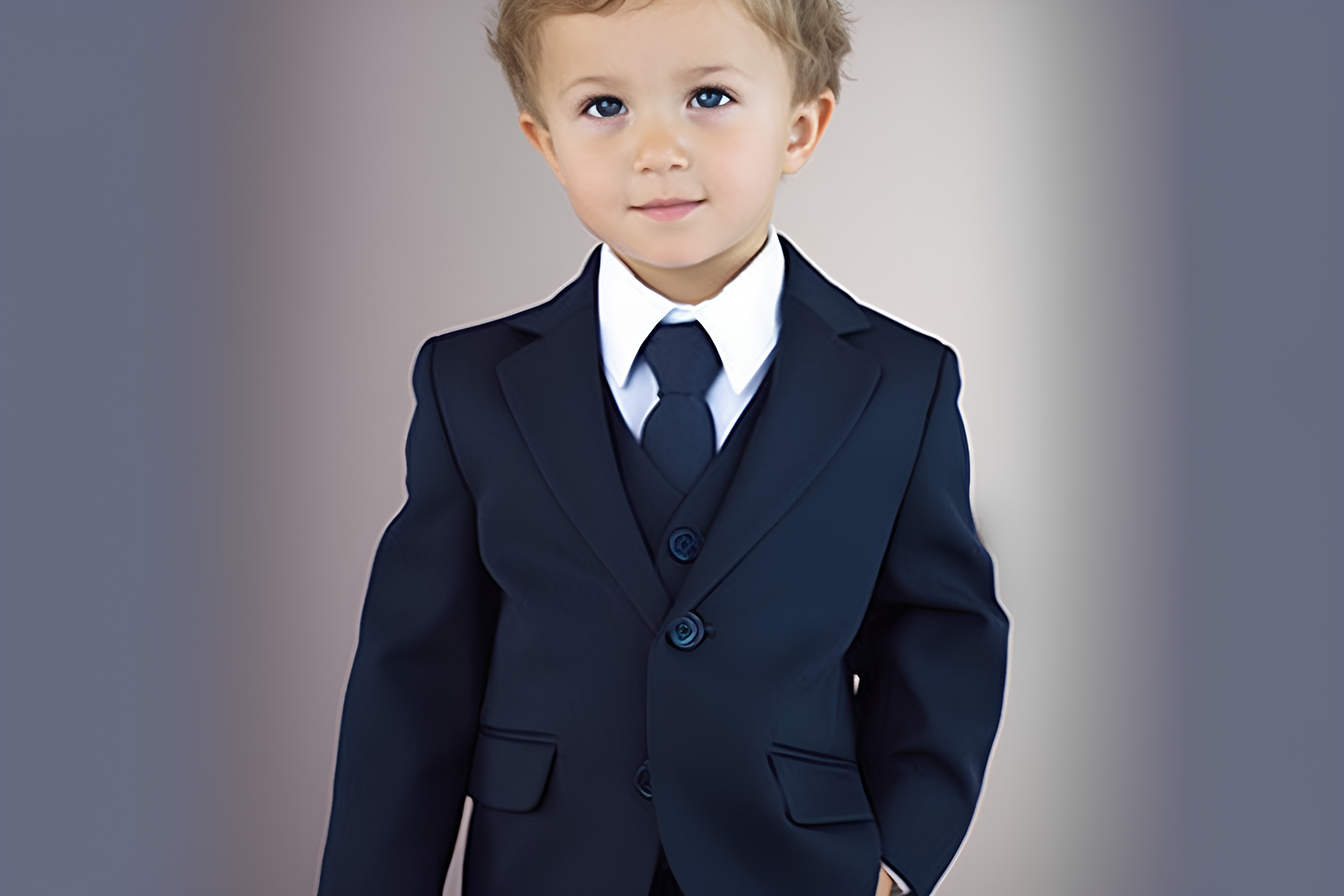 Young charm meets sleek design in the Classic Slim navy suit for boys.