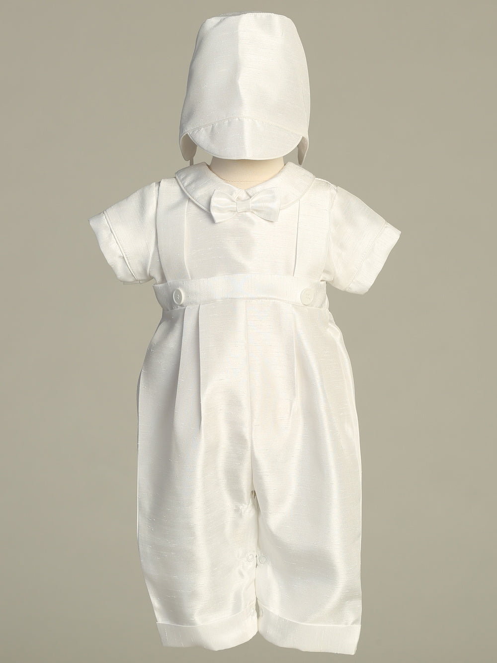 Noah white shantung long baptism romper with hat