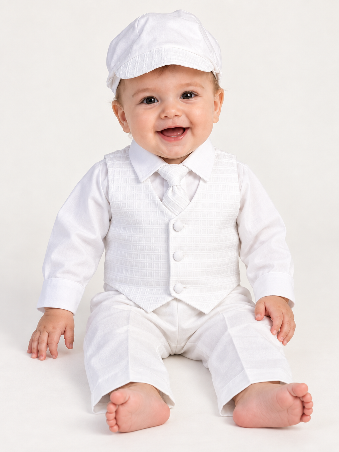 Baby model wearing the Randall white baptism outfit with long sleeves, checkered vest, tie, trousers and matching cap.