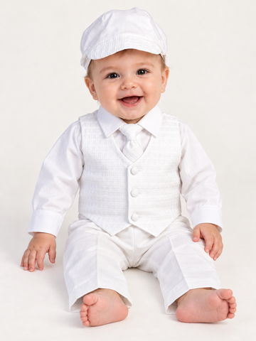 Baby model wearing the Randall white baptism outfit with long sleeves, checkered vest, tie, trousers and matching cap.