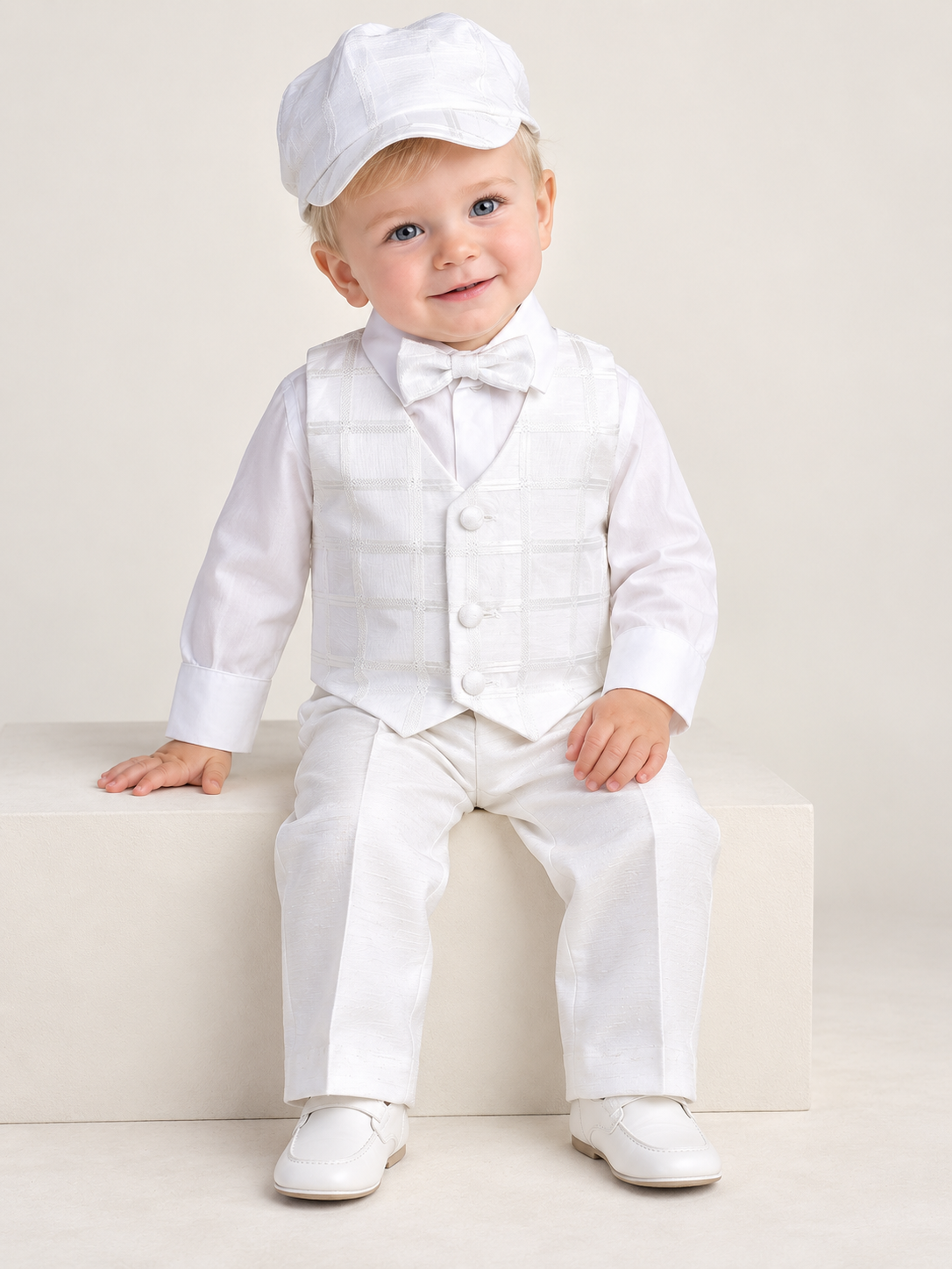 Seated baby boy wearing the white Scott baptism outfit with checked organza vest, matching bow tie and cap, long-sleeve shirt and shantung trousers.