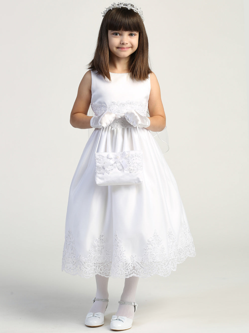 184 Girls White First Communion Dress with Corded Tulle & Sequins — model view