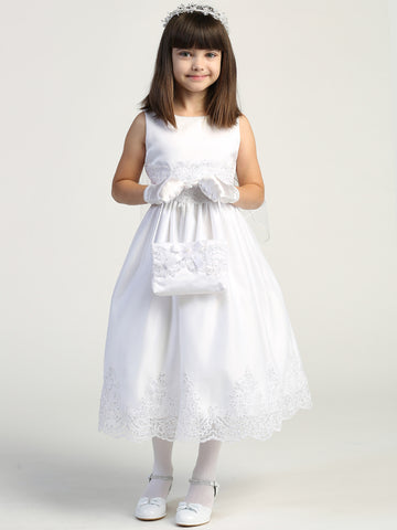 184 Girls White First Communion Dress with Corded Tulle & Sequins — model view