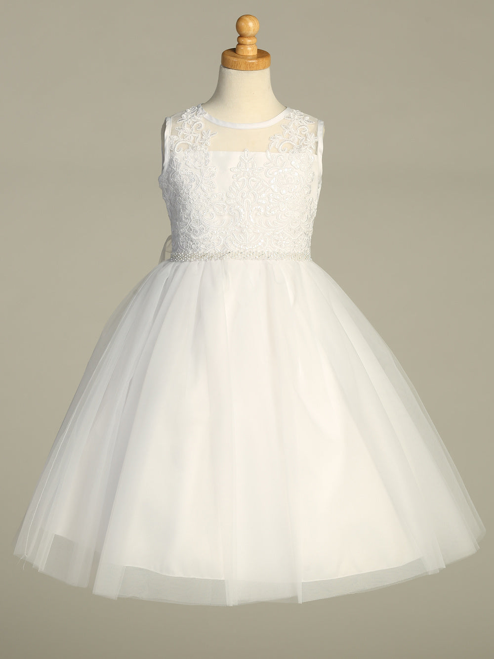 204 Girls White First Communion Dress with Corded Tulle & Sequins — front view