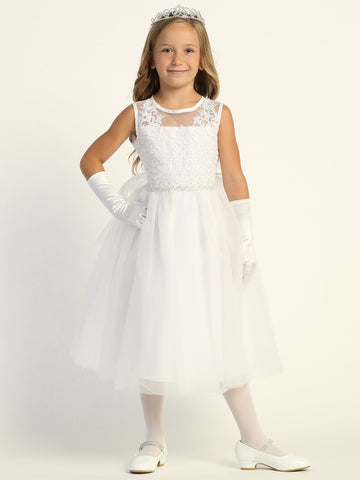204 Girls White First Communion Dress with Corded Tulle & Sequins — model view