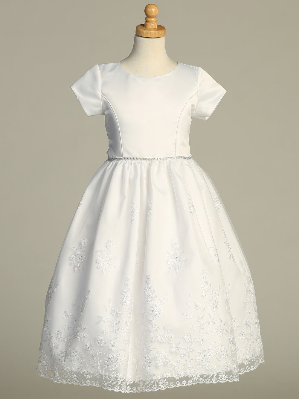 216 Girls White First Communion Dress with Satin Bodice & Sequin Tulle — front view