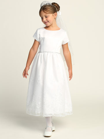 216 Girls White First Communion Dress with Satin Bodice & Sequin Tulle — model view