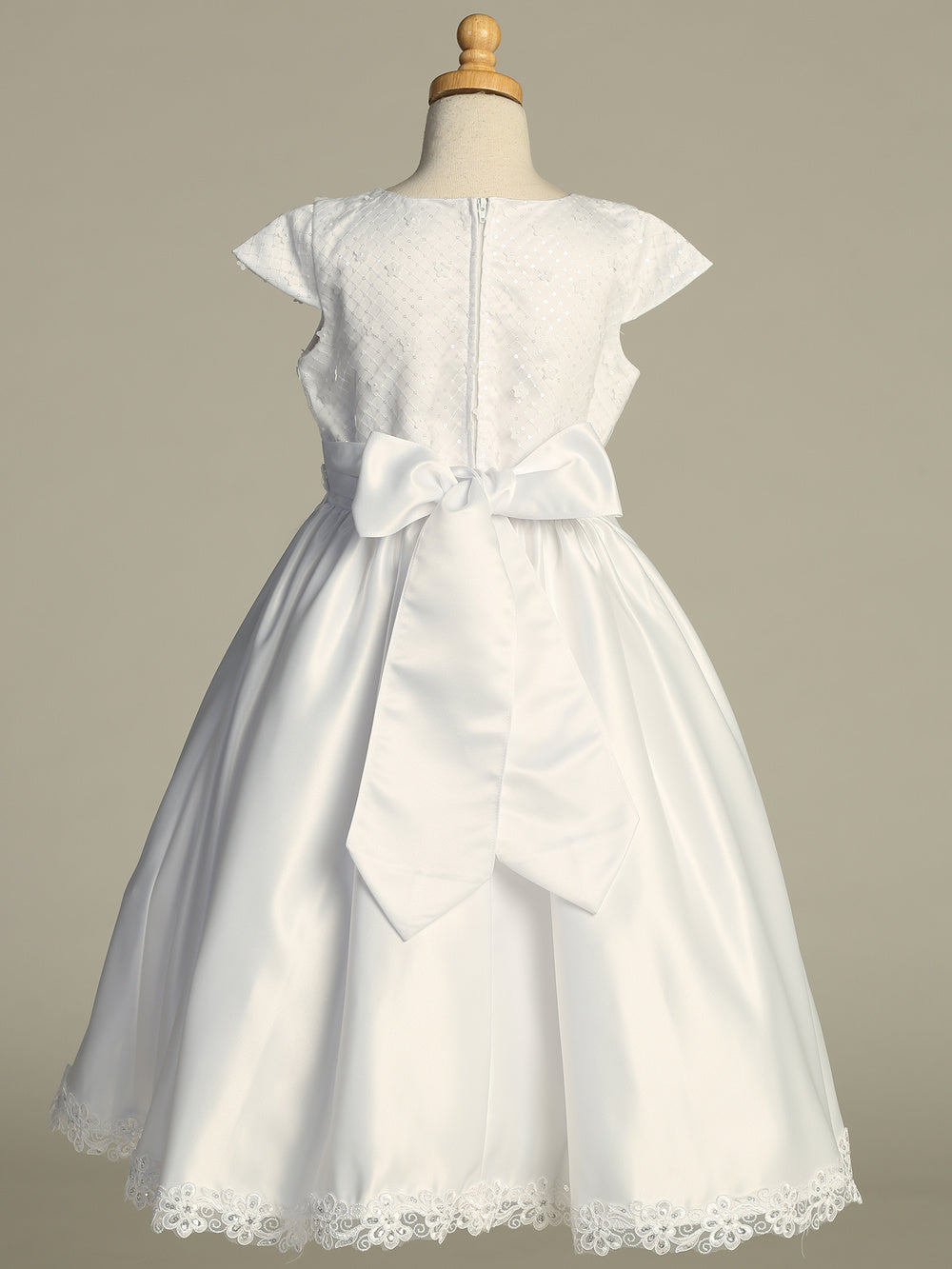 221 Girls White First Communion Dress with Sequin Tulle Bodice & Satin Skirt — back view