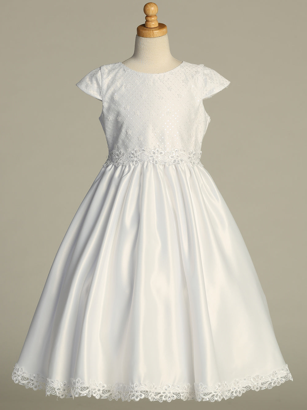 221 Girls White First Communion Dress with Sequin Tulle Bodice & Satin Skirt — front view