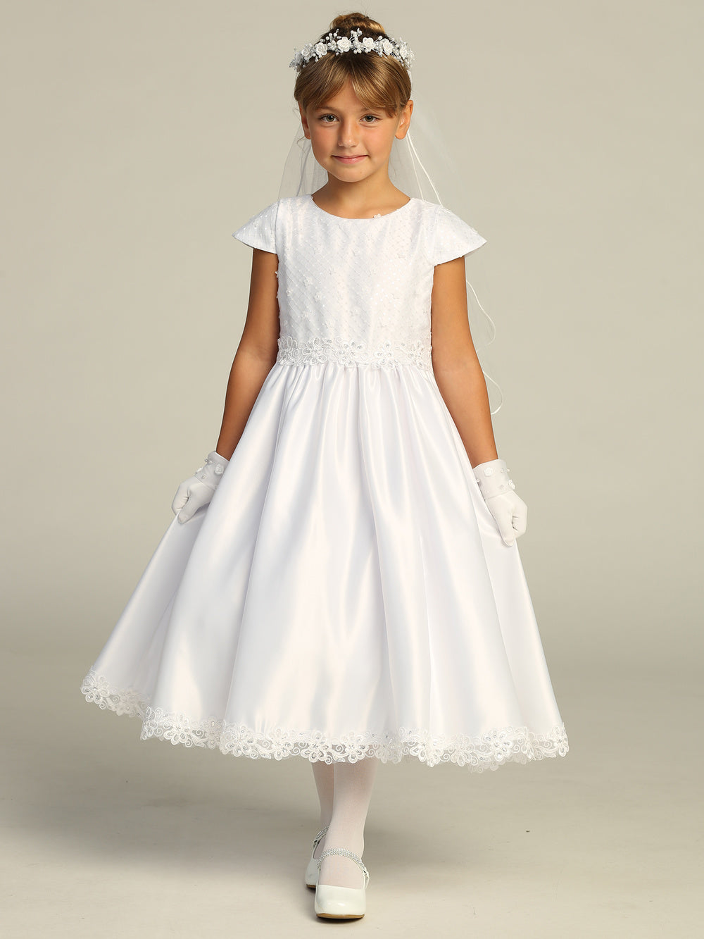 221 Girls White First Communion Dress with Sequin Tulle Bodice & Satin Skirt — model view