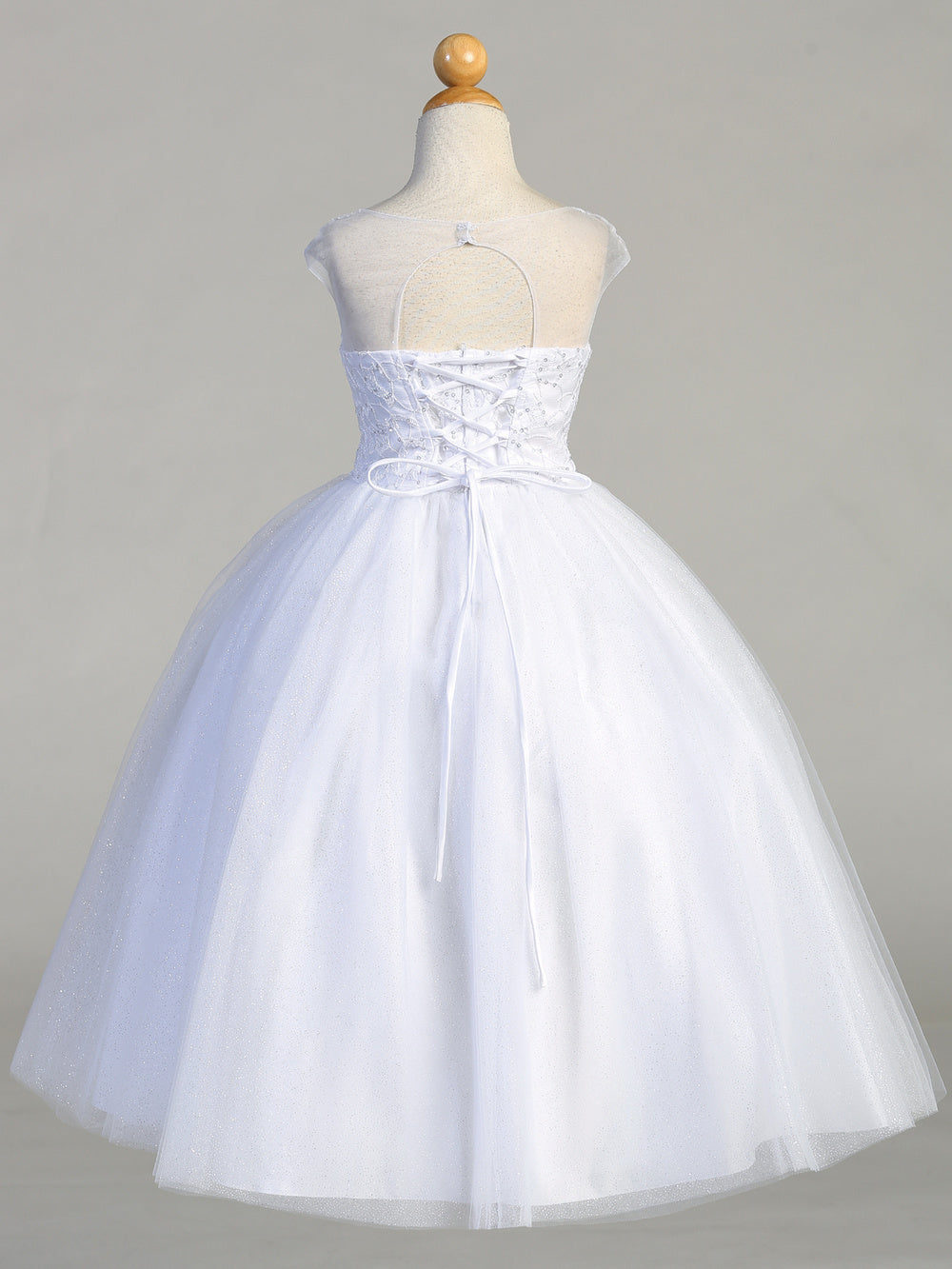 709 Girls White First Communion Dress with Glitter Tulle & Corset Back — back view