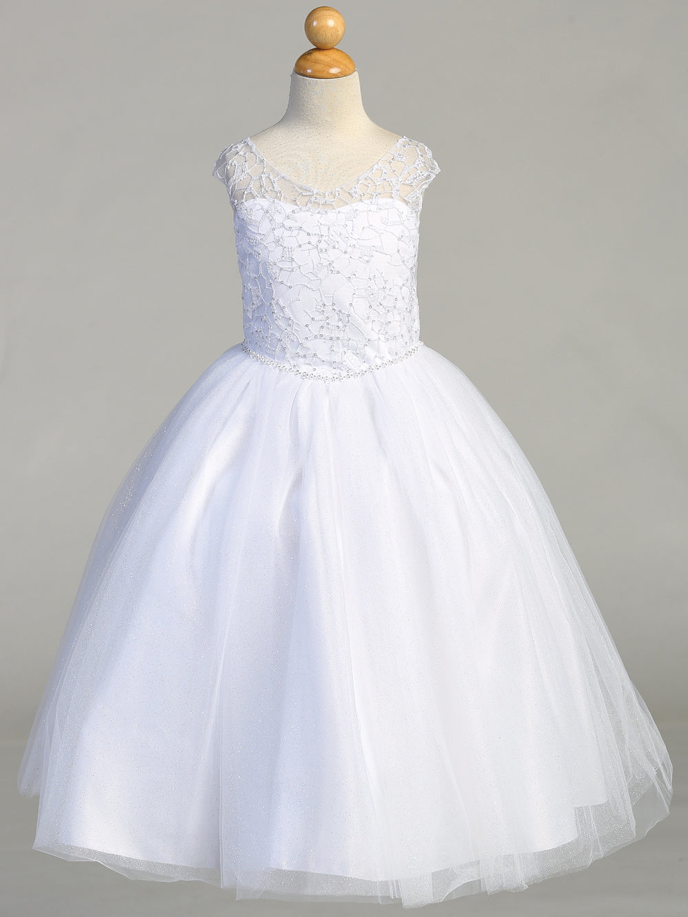 709 Girls White First Communion Dress with Glitter Tulle & Corset Back — front view