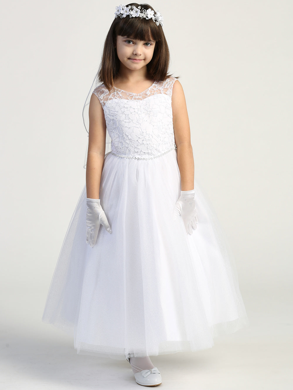 709 Girls White First Communion Dress with Glitter Tulle & Corset Back — model view