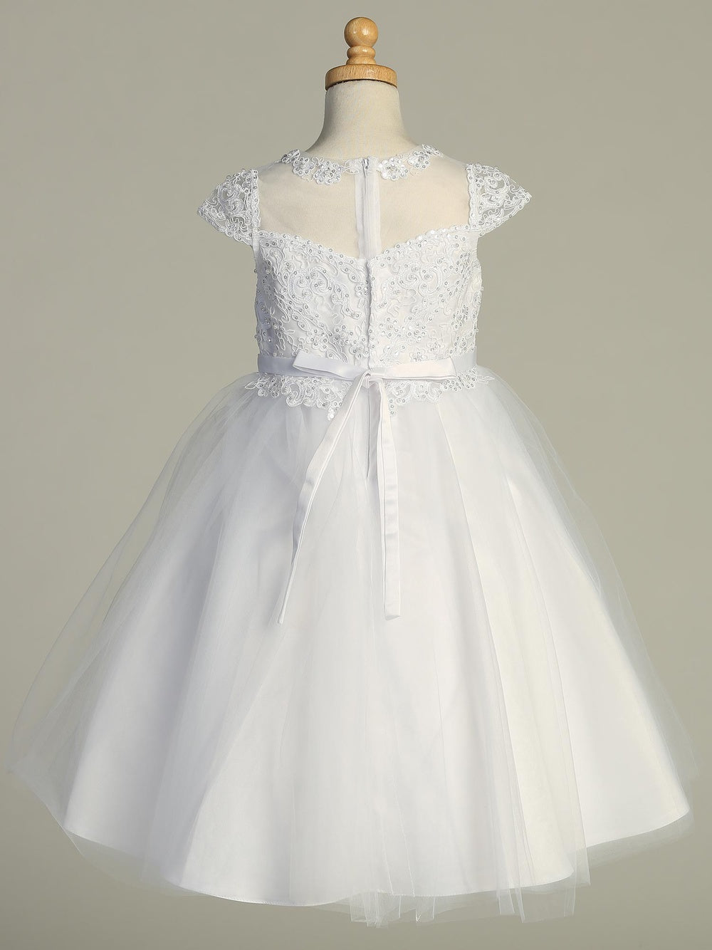 729 Girls White First Communion Dress with Corded Tulle, Pearls & Sequins — back view