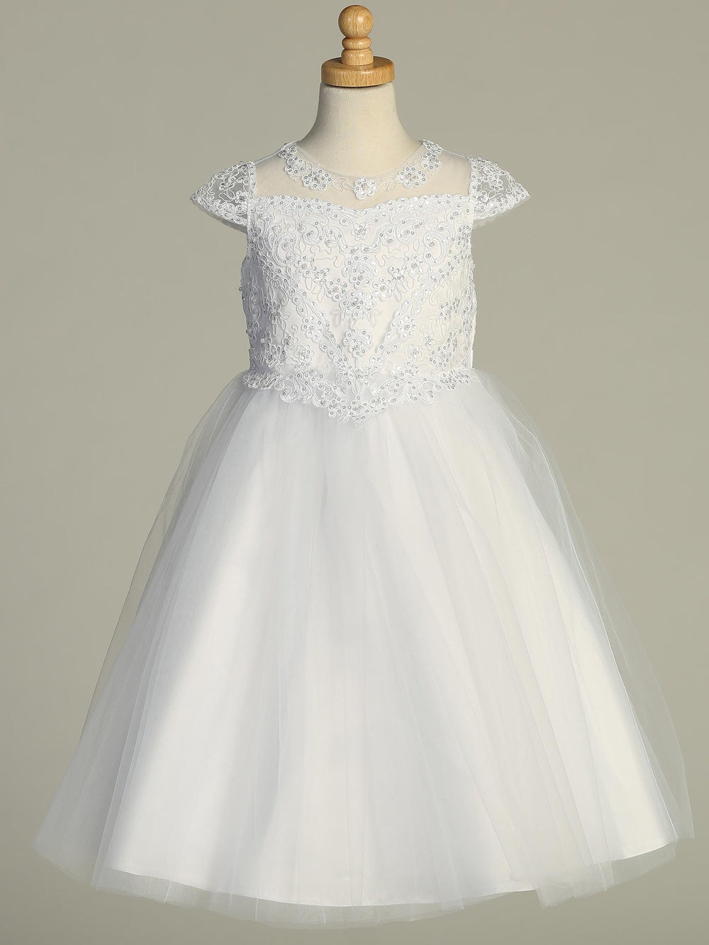 729 Girls White First Communion Dress with Corded Tulle, Pearls & Sequins — front view