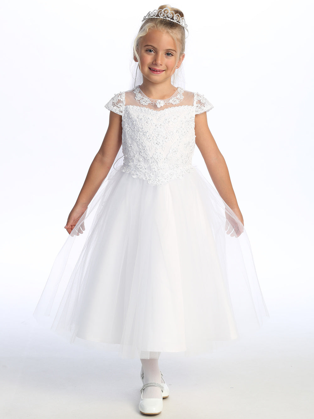 729 Girls White First Communion Dress with Corded Tulle, Pearls & Sequins — model view