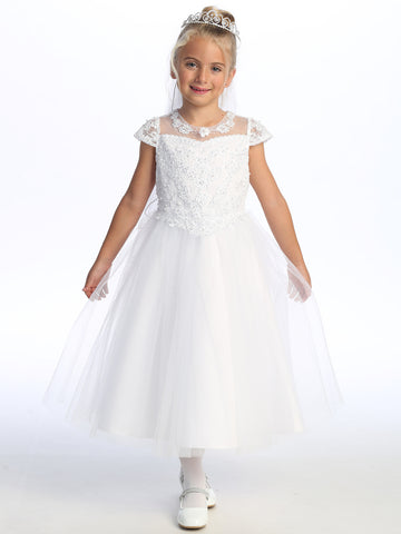 729 Girls White First Communion Dress with Corded Tulle, Pearls & Sequins — model view
