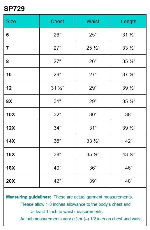 SP729 dress size chart
