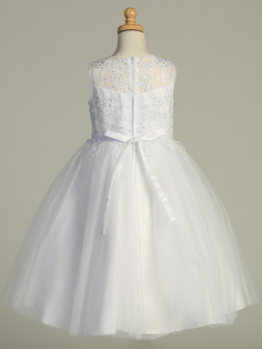 730 Girls White First Communion Dress with Embroidered Tulle, Pearls & Sequins — back view