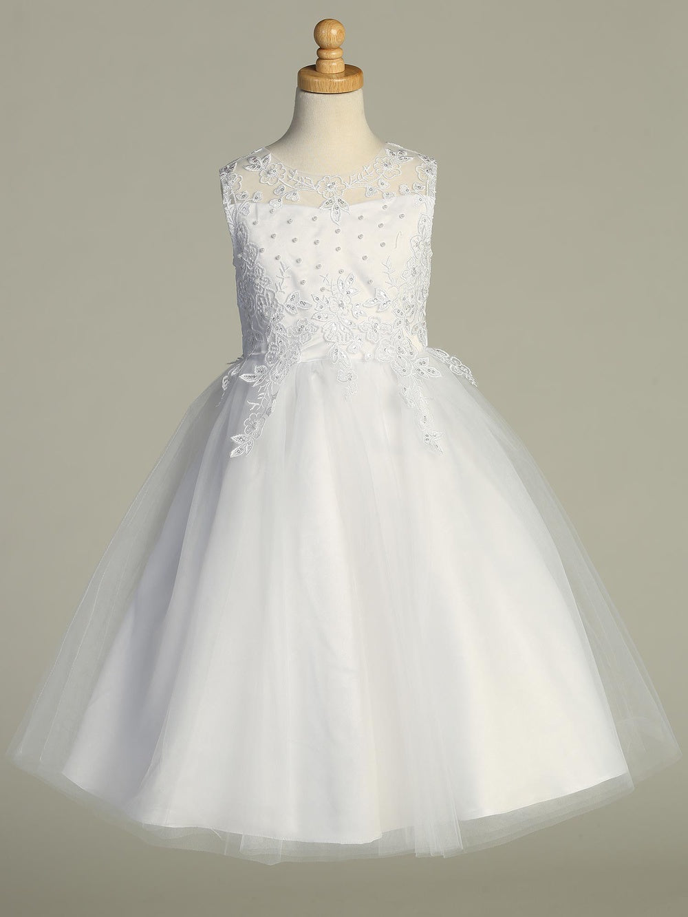 730 Girls White First Communion Dress with Embroidered Tulle, Pearls & Sequins — front view