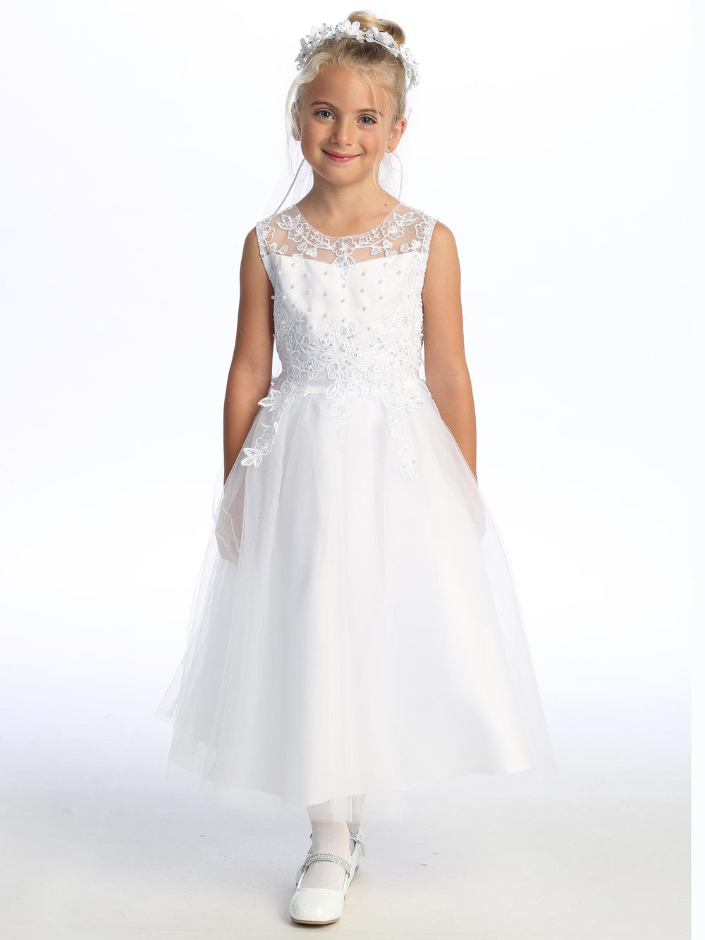 730 Girls White First Communion Dress with Embroidered Tulle, Pearls & Sequins — model view