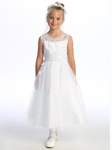 730 Girls White First Communion Dress with Embroidered Tulle, Pearls & Sequins — model view