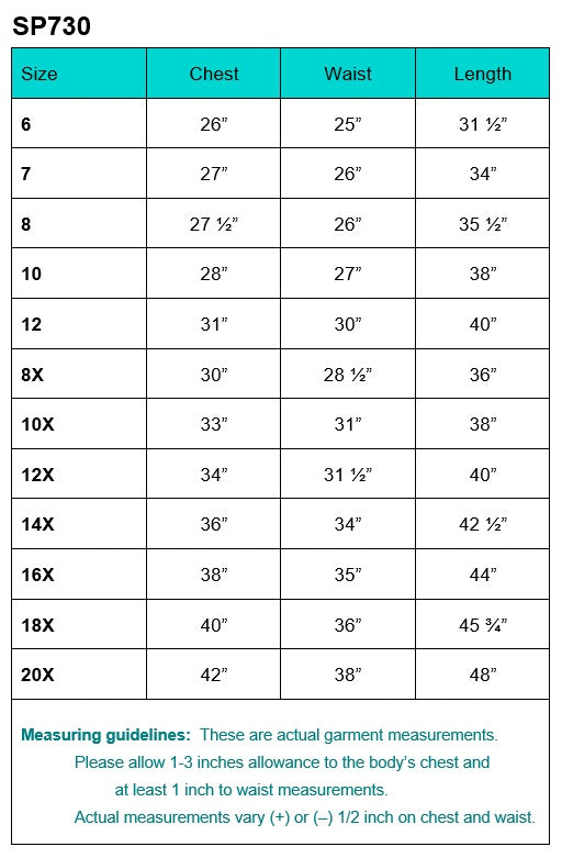 SP730 dress size chart