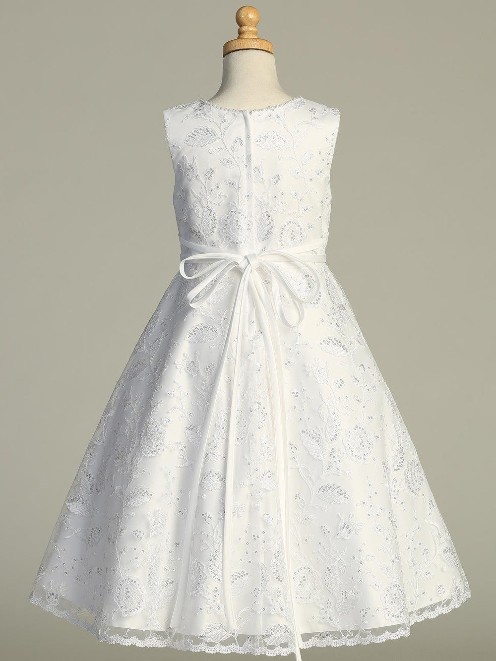 734 Girls White First Communion Dress with Sequin Tulle & Pearl Trim — back view