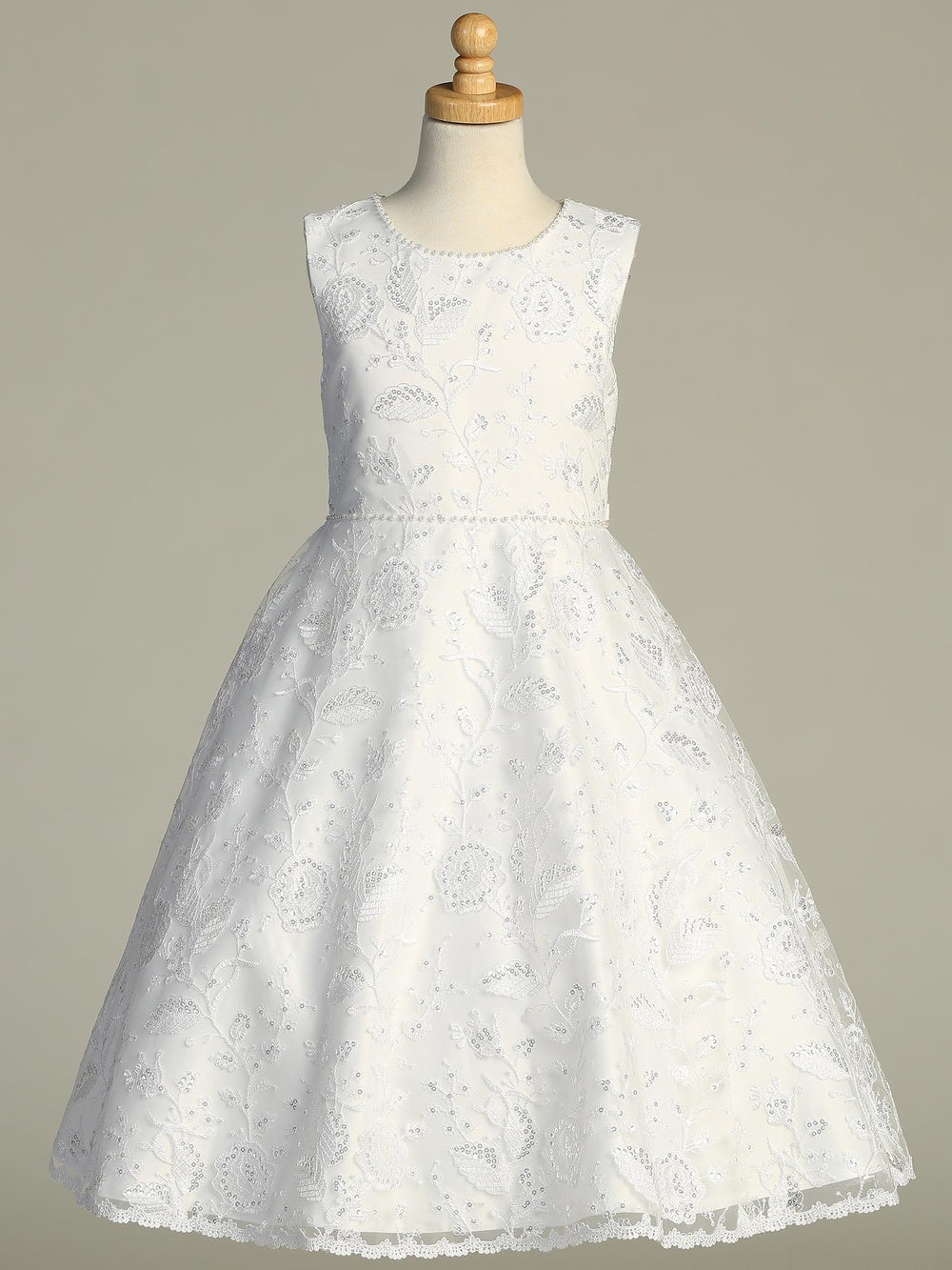 734 Girls White First Communion Dress with Sequin Tulle & Pearl Trim — front view