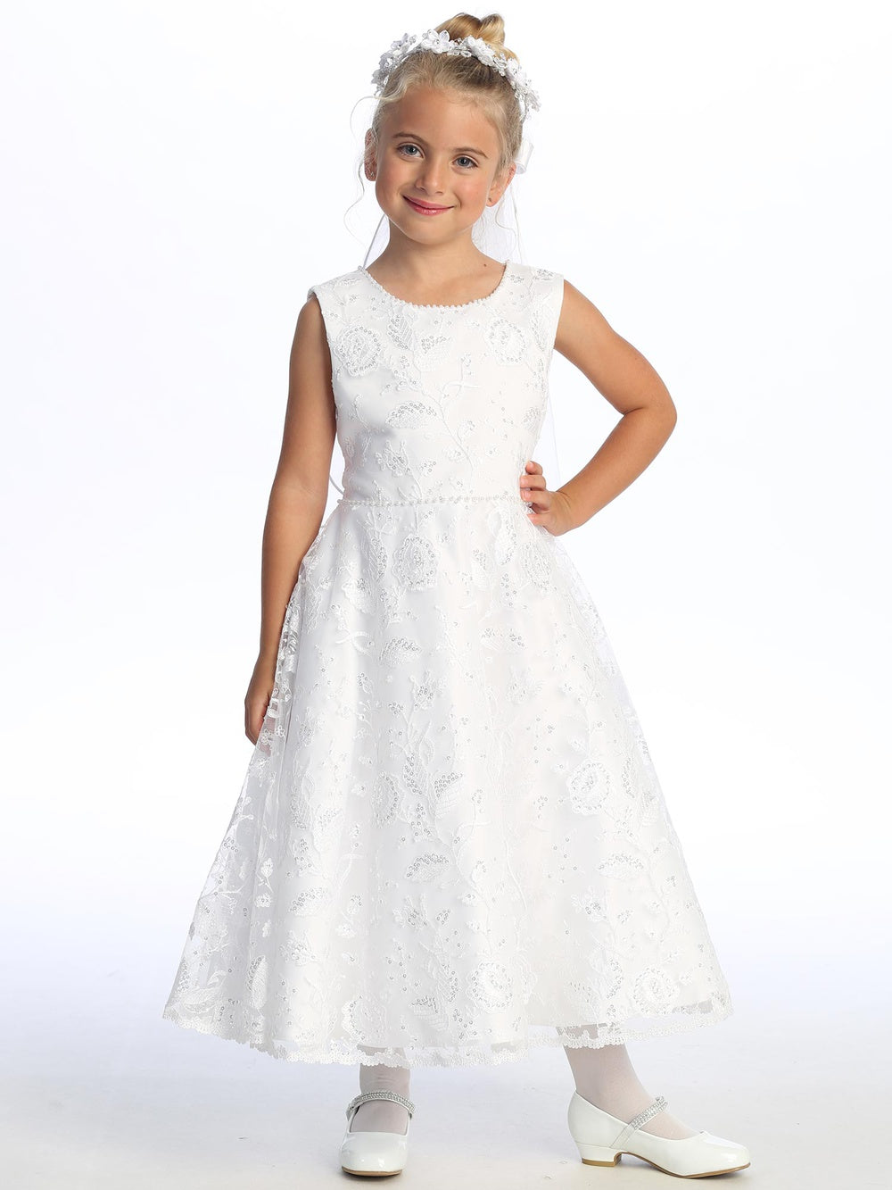 734 Girls White First Communion Dress with Sequin Tulle & Pearl Trim — model view