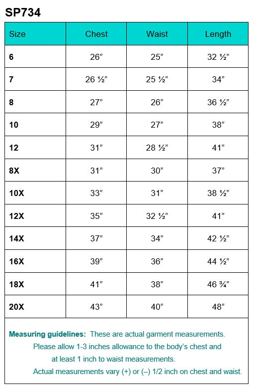 SP734 dress size chart