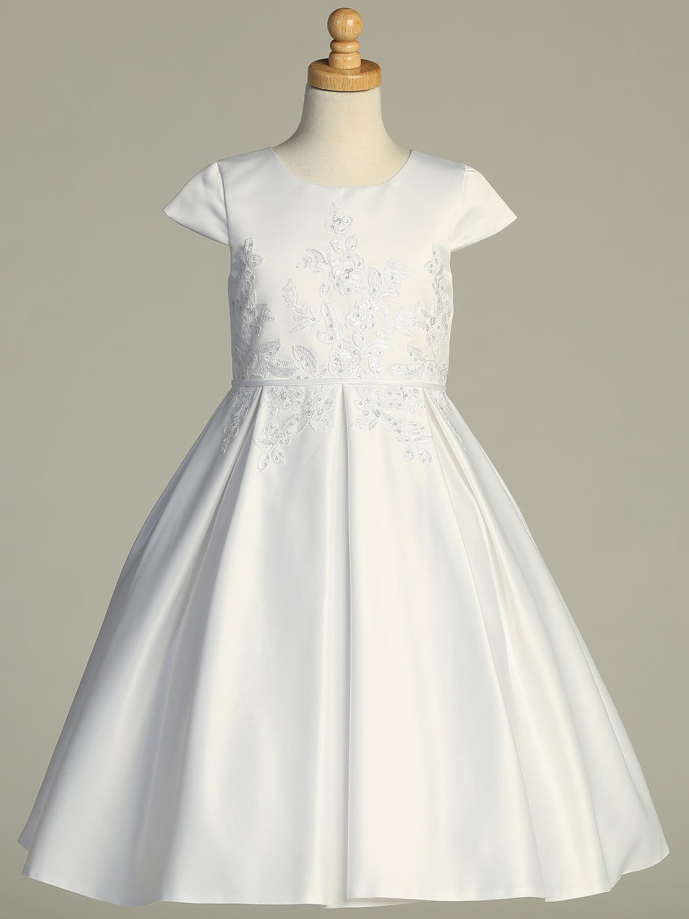 735 Girls White First Communion Dress with Satin & Sequin Tulle — front view