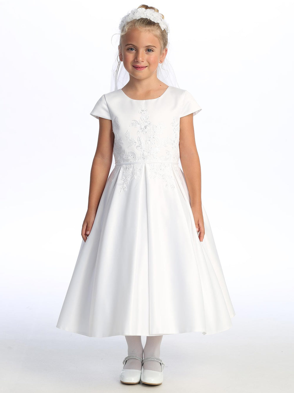 735 Girls White First Communion Dress with Satin & Sequin Tulle — model view