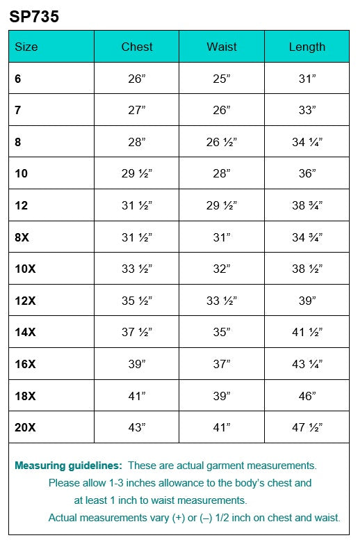 SP735 dress size chart