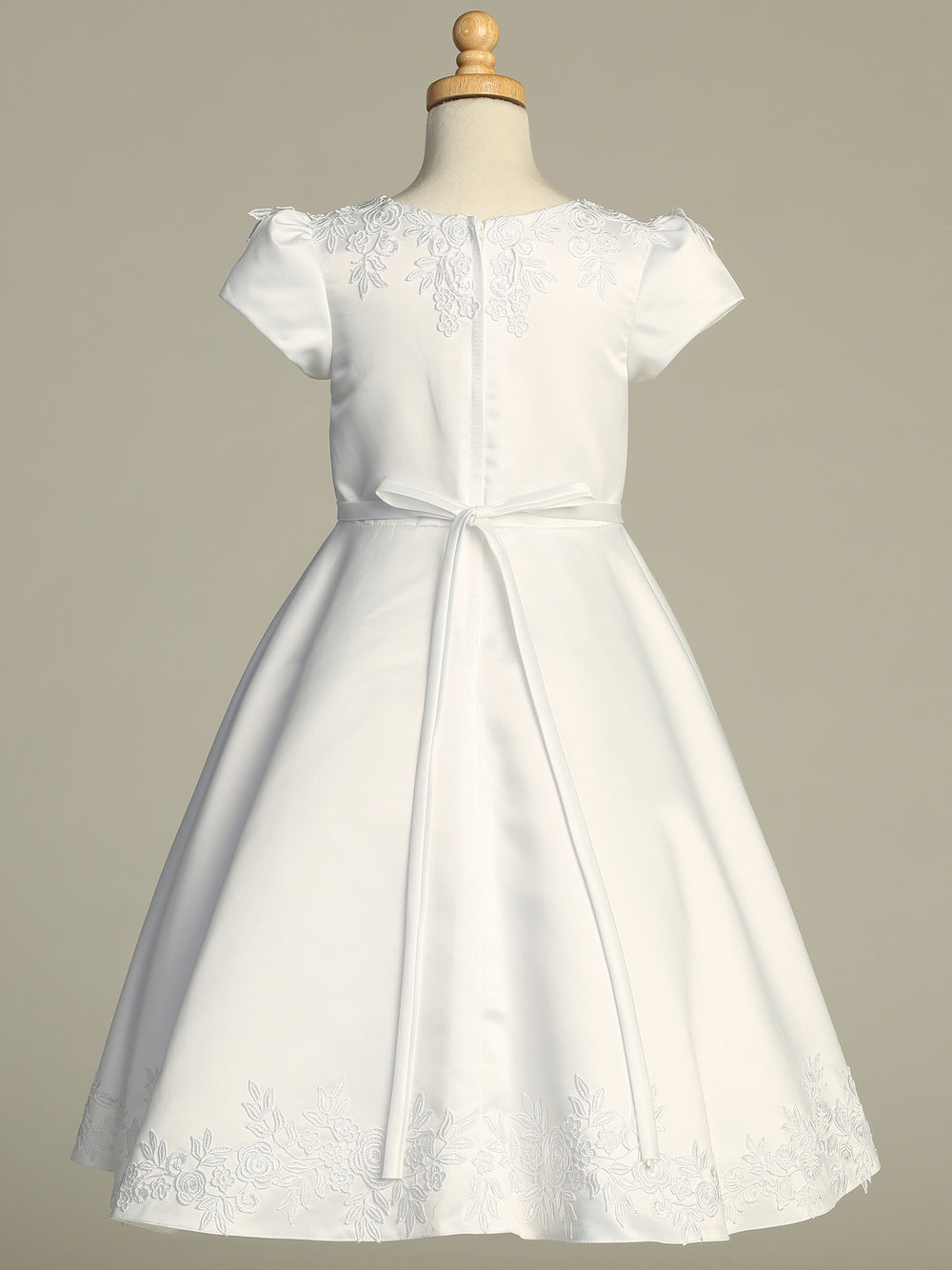 736 Girls White First Communion Dress with Satin & Embroidered Lace — back view