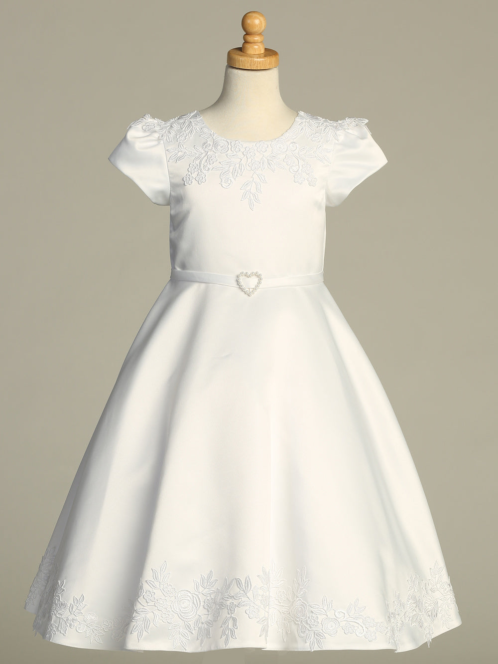 736 Girls White First Communion Dress with Satin & Embroidered Lace — front view