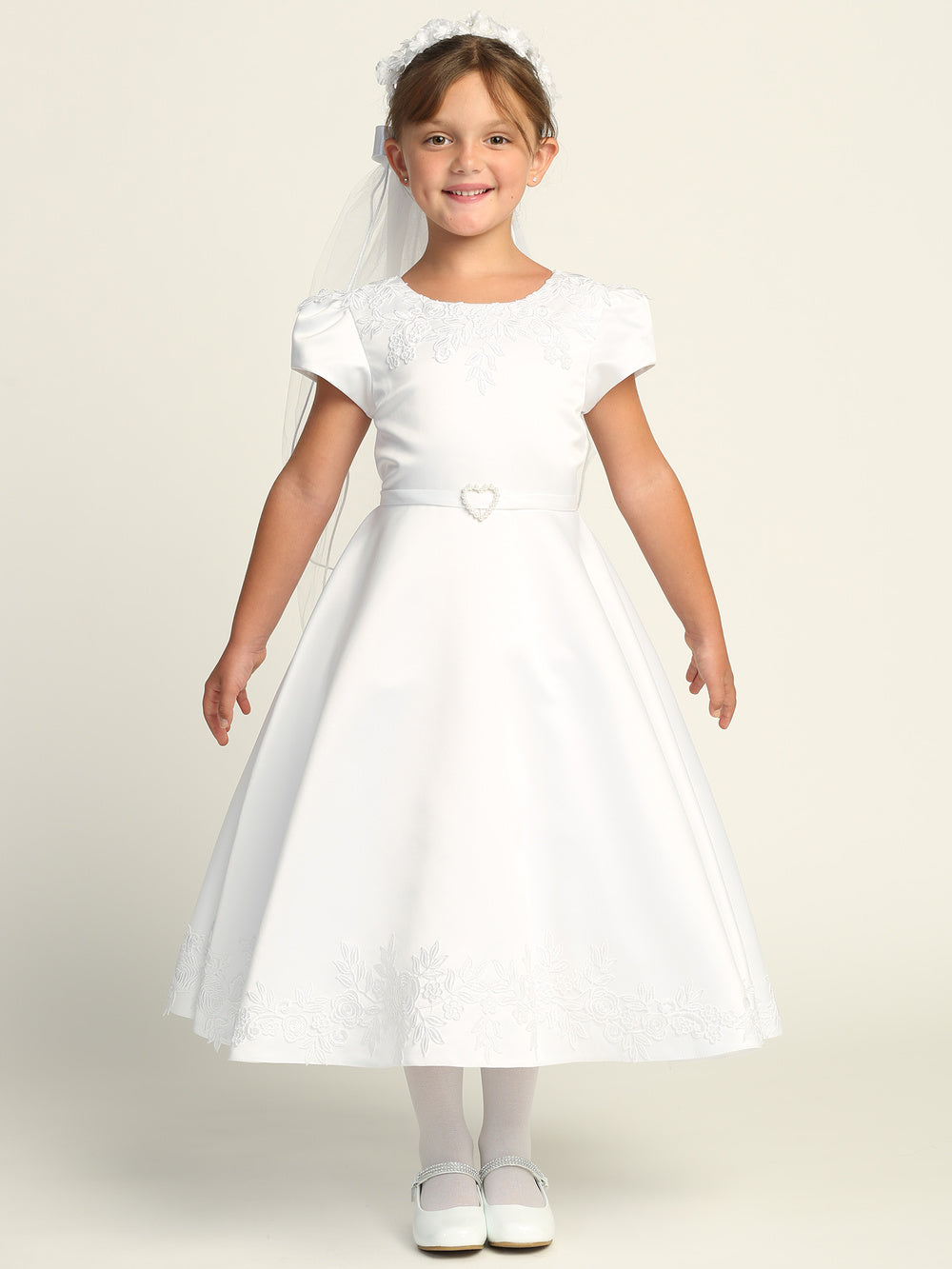 736 Girls White First Communion Dress with Satin & Embroidered Lace — model view