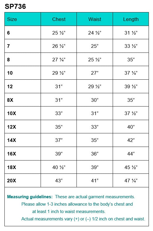 SP736 dress size chart