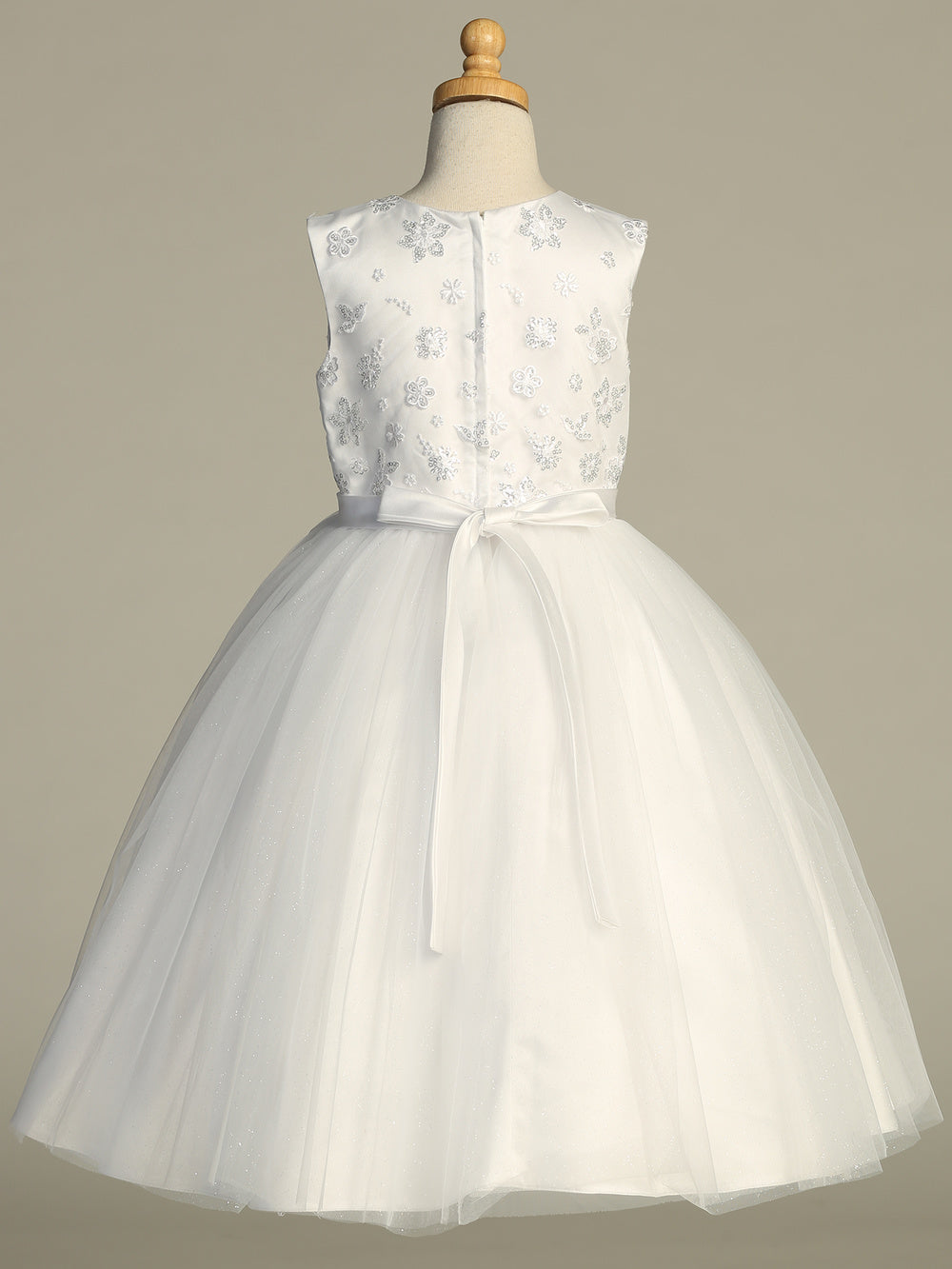 745 Girls White First Communion Dress with Sequin Bodice & Glitter Tulle — back view