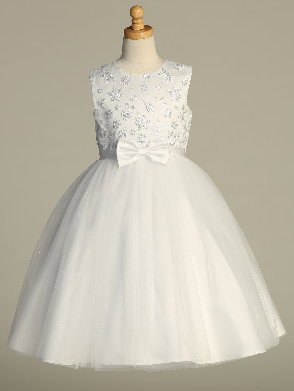 745 Girls White First Communion Dress with Sequin Bodice & Glitter Tulle — front view