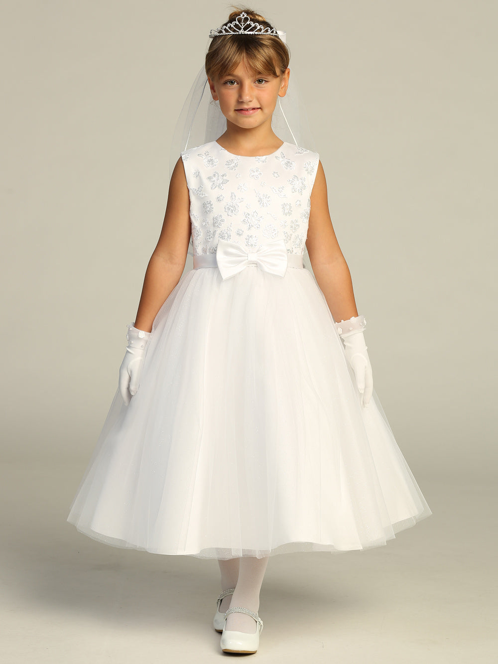 745 Girls White First Communion Dress with Sequin Bodice & Glitter Tulle — model view