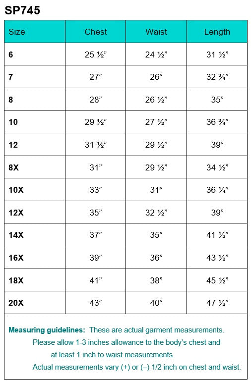 SP745 dress size chart