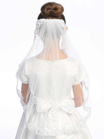T-305 white Communion veil with corded lace trim