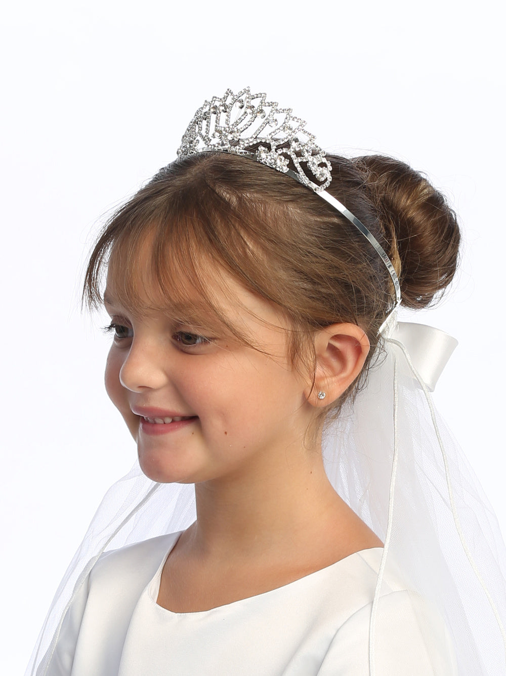 T-412 - 24" Rhinestone Tiara Communion Veil - white - T 412 FRONT