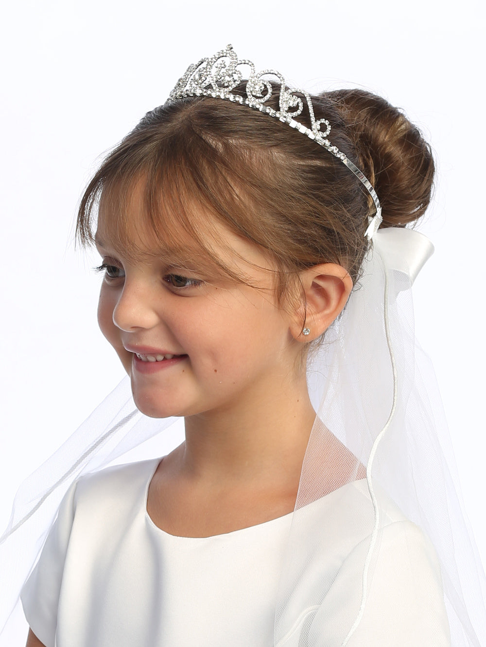 T-53 - 18" Single-Layer Tiara Communion Veil - white - T 53 FRONT