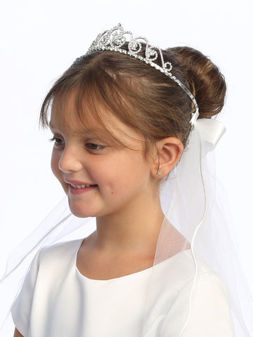 T-53 - 18" Single-Layer Tiara Communion Veil - white - T 53 FRONT