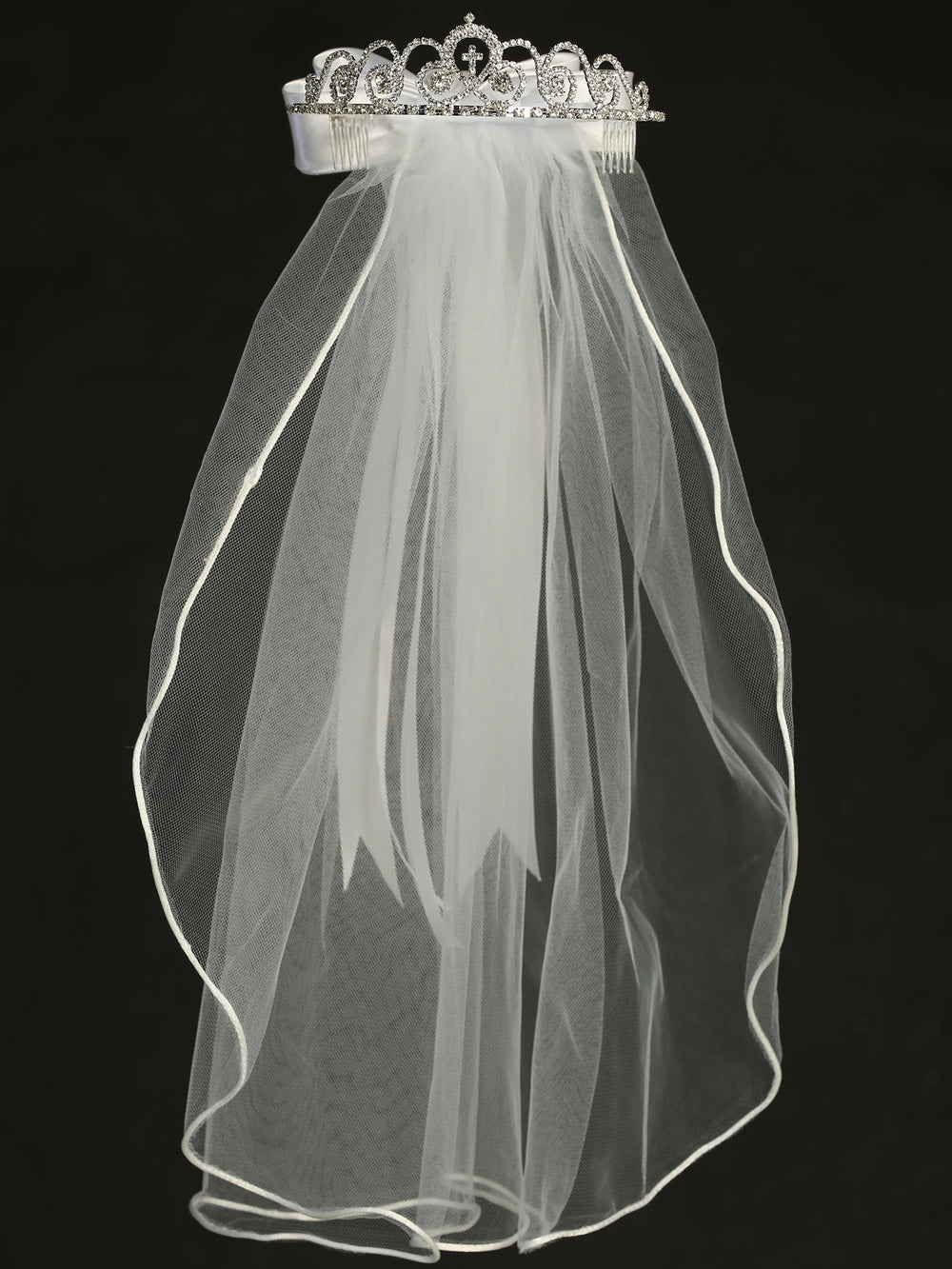 T-53 - 18" Single-Layer Tiara Communion Veil - white - T 53 Full front