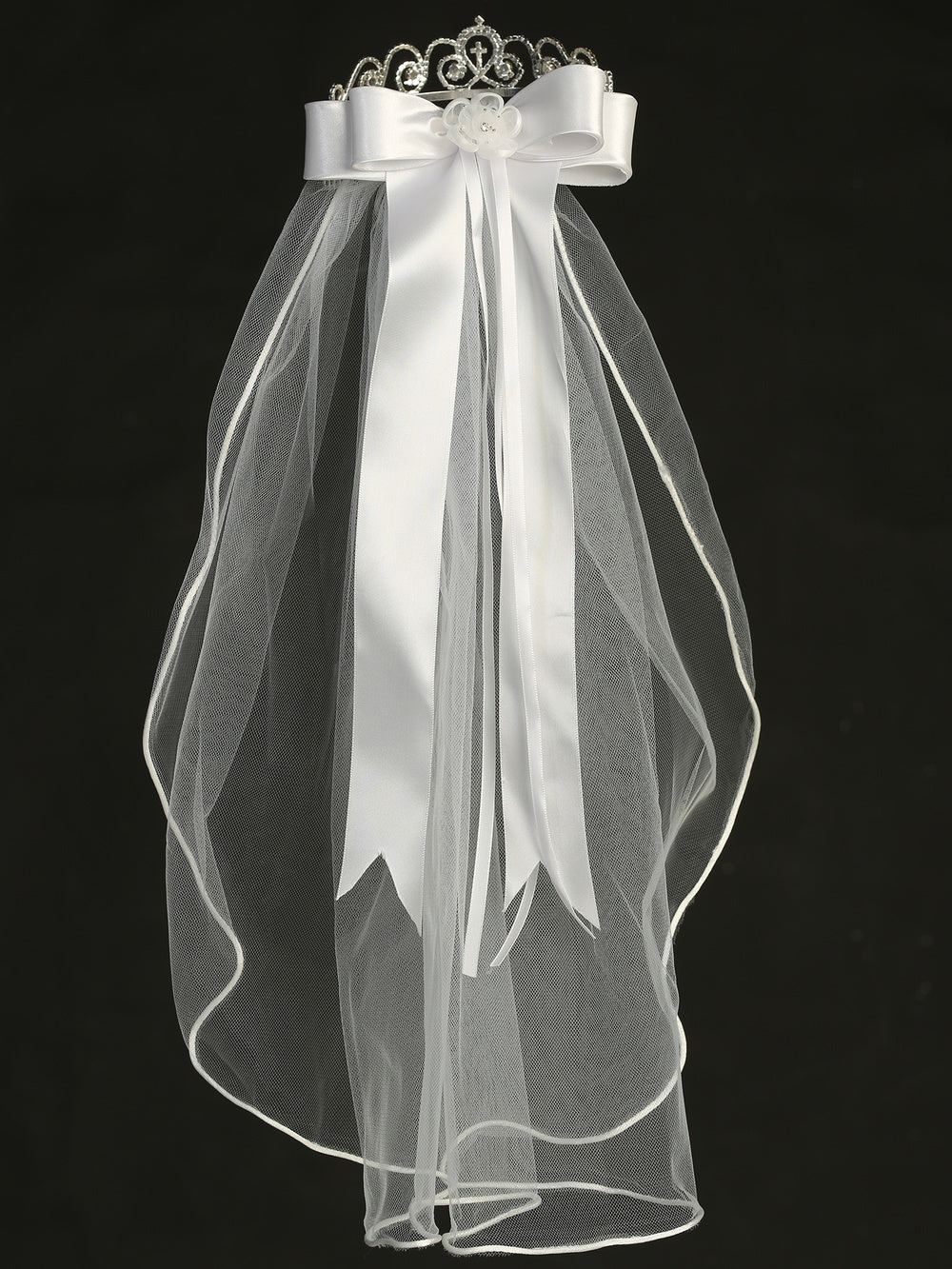 T-53 - 18" Single-Layer Tiara Communion Veil - white - T 53 Full back