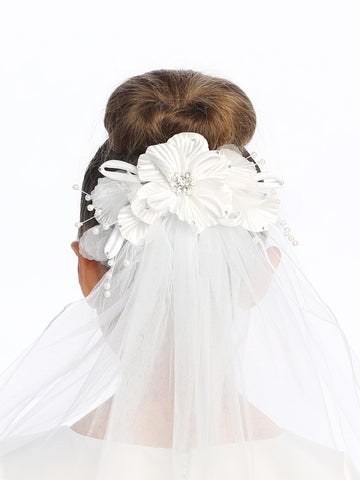 T-310 - 24" Floral Pearl & Rhinestone Comb Communion Veil - white - T 310 Closeup