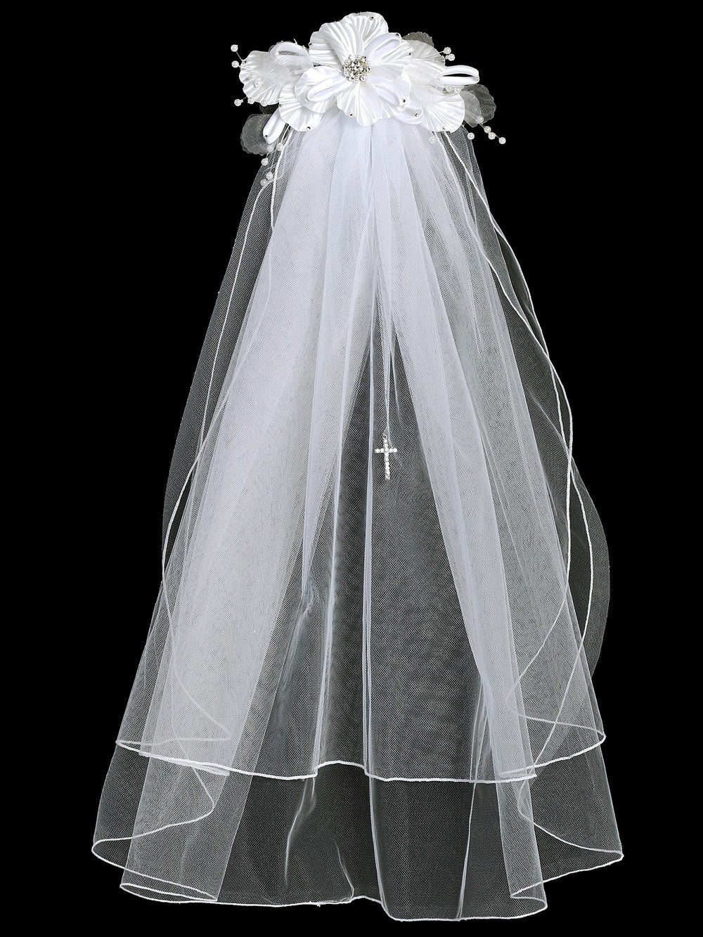 T-310 - 24" Floral Pearl & Rhinestone Comb Communion Veil - white - T 310 Front Full